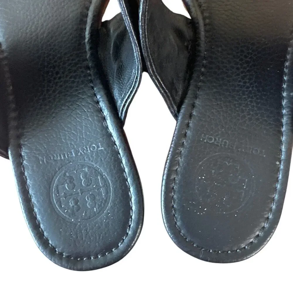 Tory Burch Amanda Thong Sandals Black Pebbled Leather 8.5 - Picture 5 of 11